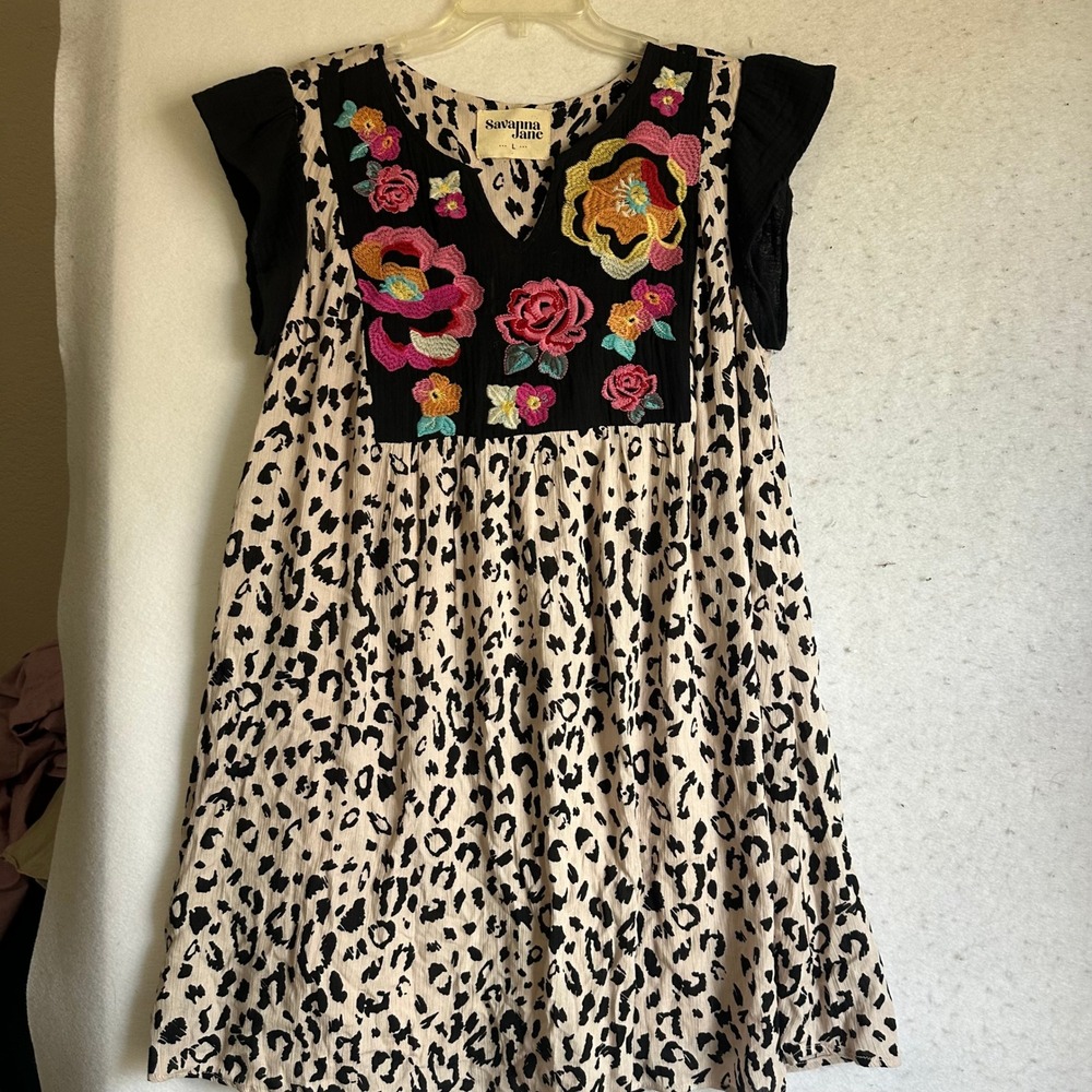 Savanna Jane Leopard Floral Embroidered Boho Babydoll Dress Black Tan Large